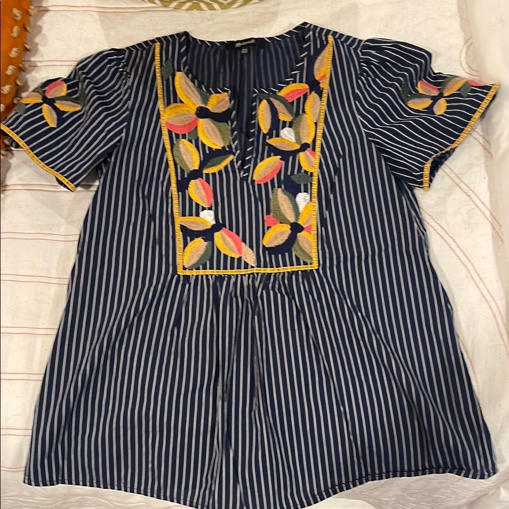 Madewell Navy Striped Blouse with Colorful Embroidery Size XXS